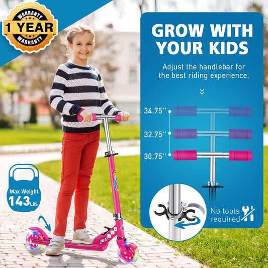 Kinderroller mit 2 Rädern – Klappbarer Tretroller mit höhenverstellbarem Lenker und leuchtenden Rädern, geeignet für Kinder von ca. 3–12 Jahren