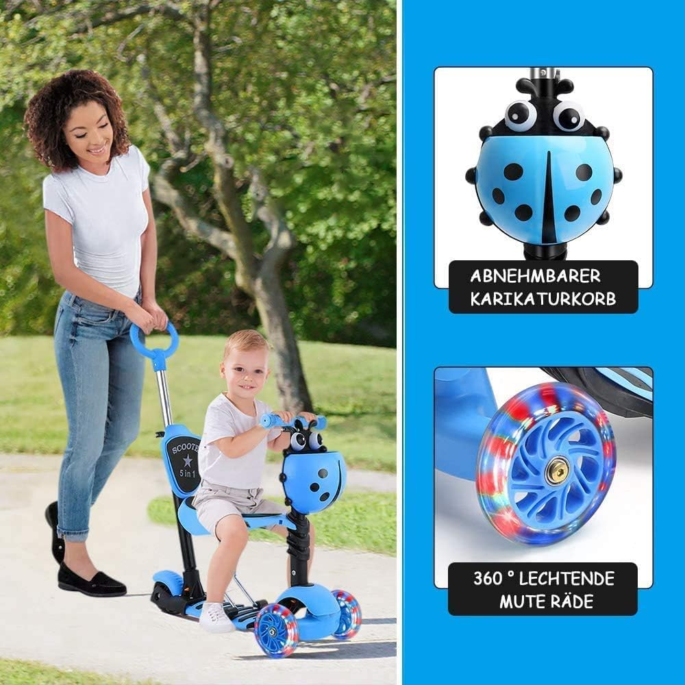 5-in-1 Kinderroller mit Sitz und Schiebestange – Mitwachsender Scooter mit Korb, Rückenlehne und höhenverstellbarem Lenker, geeignet ab ca. 2 Jahren (Blau)