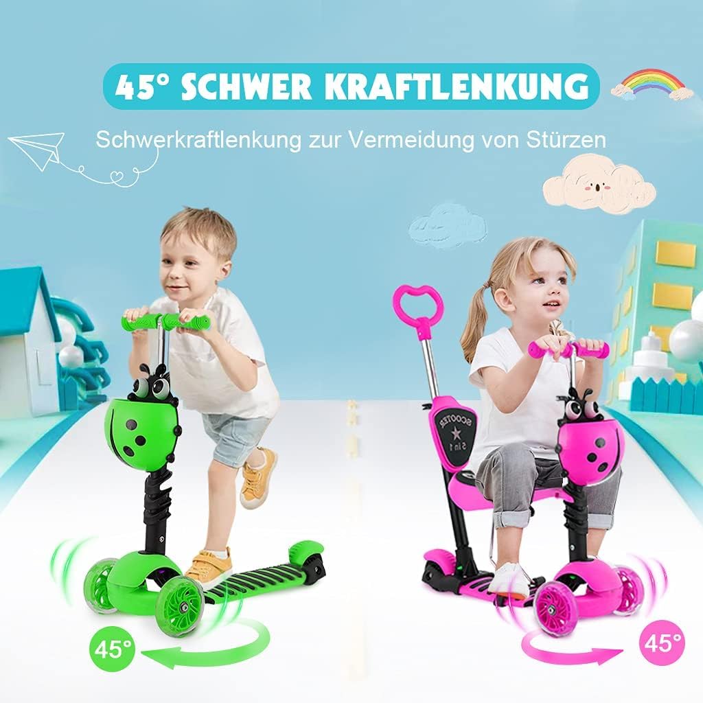 5-in-1 Kinderroller mit Sitz und Schiebestange – Mitwachsender Scooter mit Korb, Rückenlehne und höhenverstellbarem Lenker, geeignet ab ca. 2 Jahren