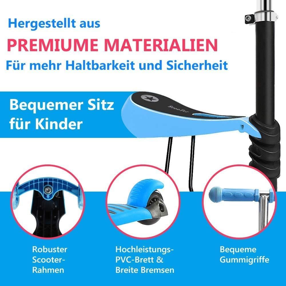 5-in-1 Kinderroller mit Sitz und Schiebestange – Mitwachsender Scooter mit Korb, Rückenlehne und höhenverstellbarem Lenker, geeignet ab ca. 2 Jahren (Blau)