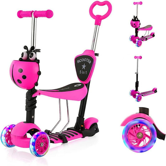 5-in-1 Kinderroller mit Sitz und Schiebestange – Mitwachsender Scooter mit Korb, Rückenlehne und höhenverstellbarem Lenker, geeignet ab ca. 2 Jahren
