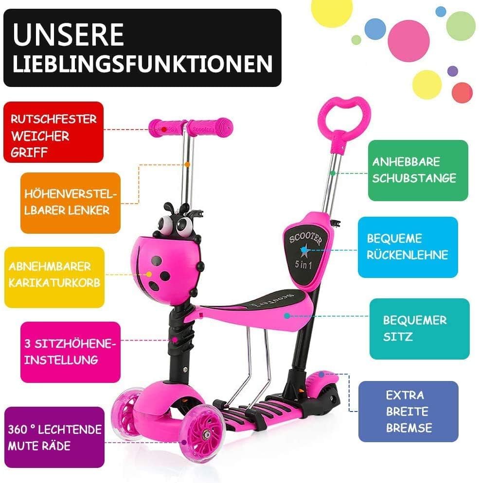 5-in-1 Kinderroller mit Sitz und Schiebestange – Mitwachsender Scooter mit Korb, Rückenlehne und höhenverstellbarem Lenker, geeignet ab ca. 2 Jahren