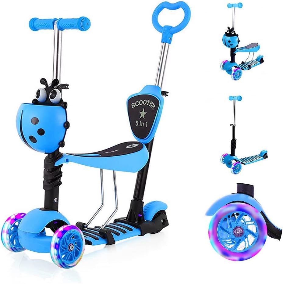 5-in-1 Kinderroller mit Sitz und Schiebestange – Mitwachsender Scooter mit Korb, Rückenlehne und höhenverstellbarem Lenker, geeignet ab ca. 2 Jahren (Blau)