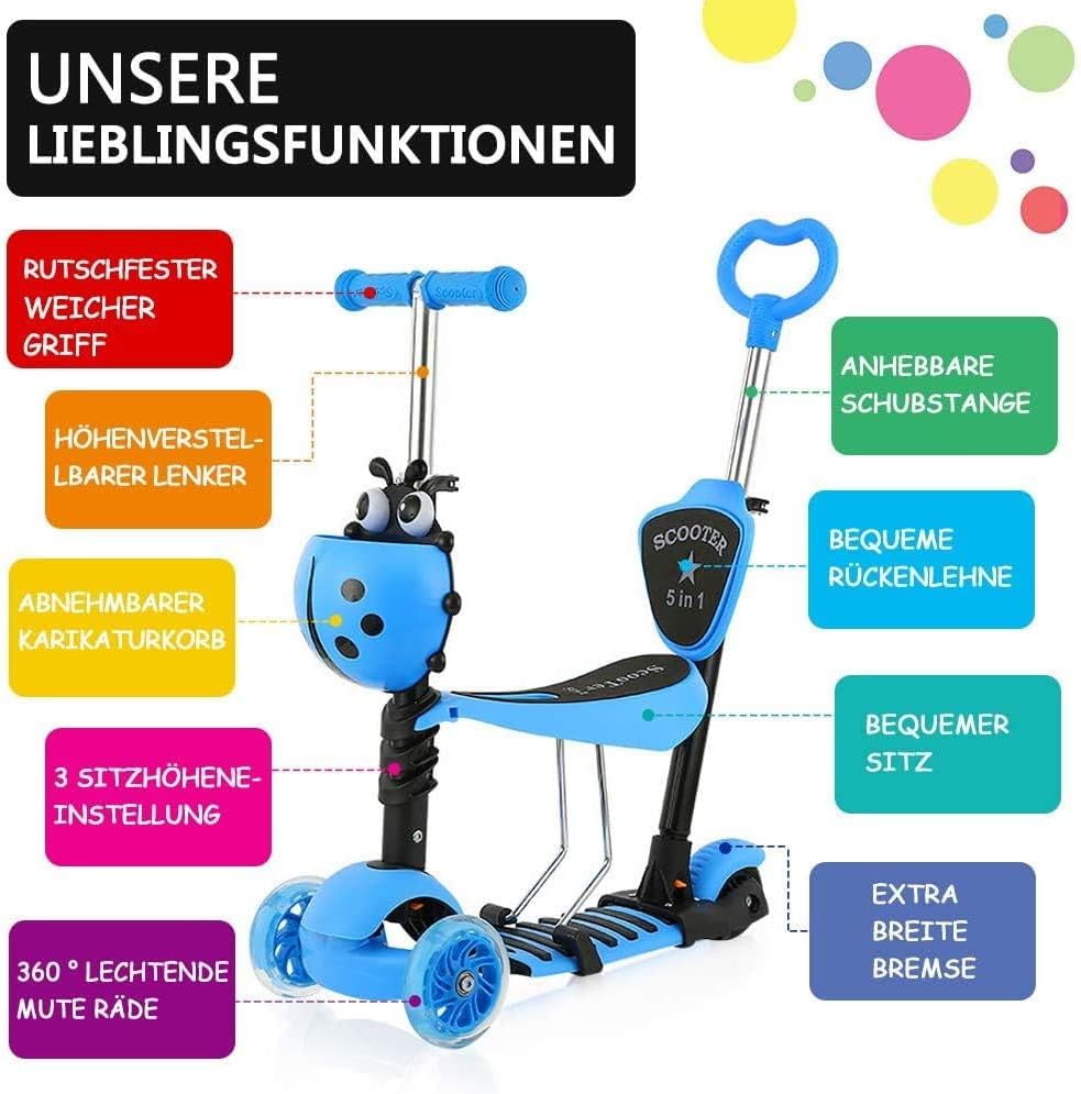 5-in-1 Kinderroller mit Sitz und Schiebestange – Mitwachsender Scooter mit Korb, Rückenlehne und höhenverstellbarem Lenker, geeignet ab ca. 2 Jahren (Blau)
