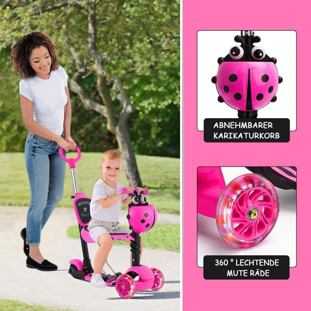 5-in-1 Kinderroller mit Sitz und Schiebestange – Mitwachsender Scooter mit Korb, Rückenlehne und höhenverstellbarem Lenker, geeignet ab ca. 2 Jahren