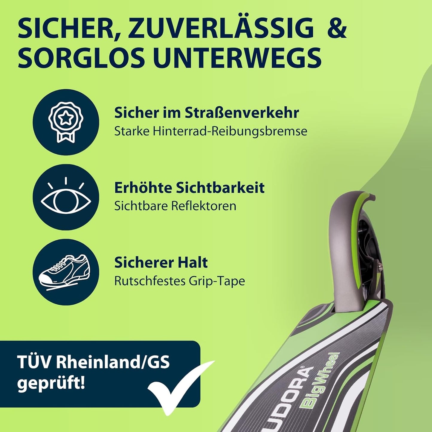 Cityroller mit großen Rädern – Höhenverstellbarer und klappbarer Aluminium Scooter mit Ständer, geeignet für Kinder und Erwachsene bis ca. 100 kg