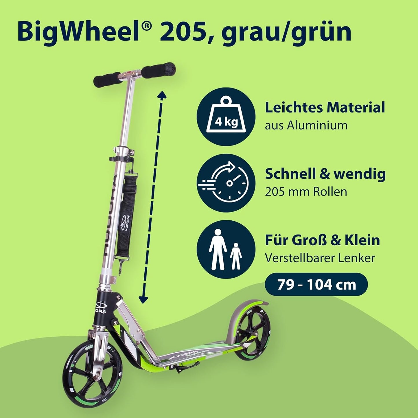 Cityroller mit großen Rädern – Höhenverstellbarer und klappbarer Aluminium Scooter mit Ständer, geeignet für Kinder und Erwachsene bis ca. 100 kg