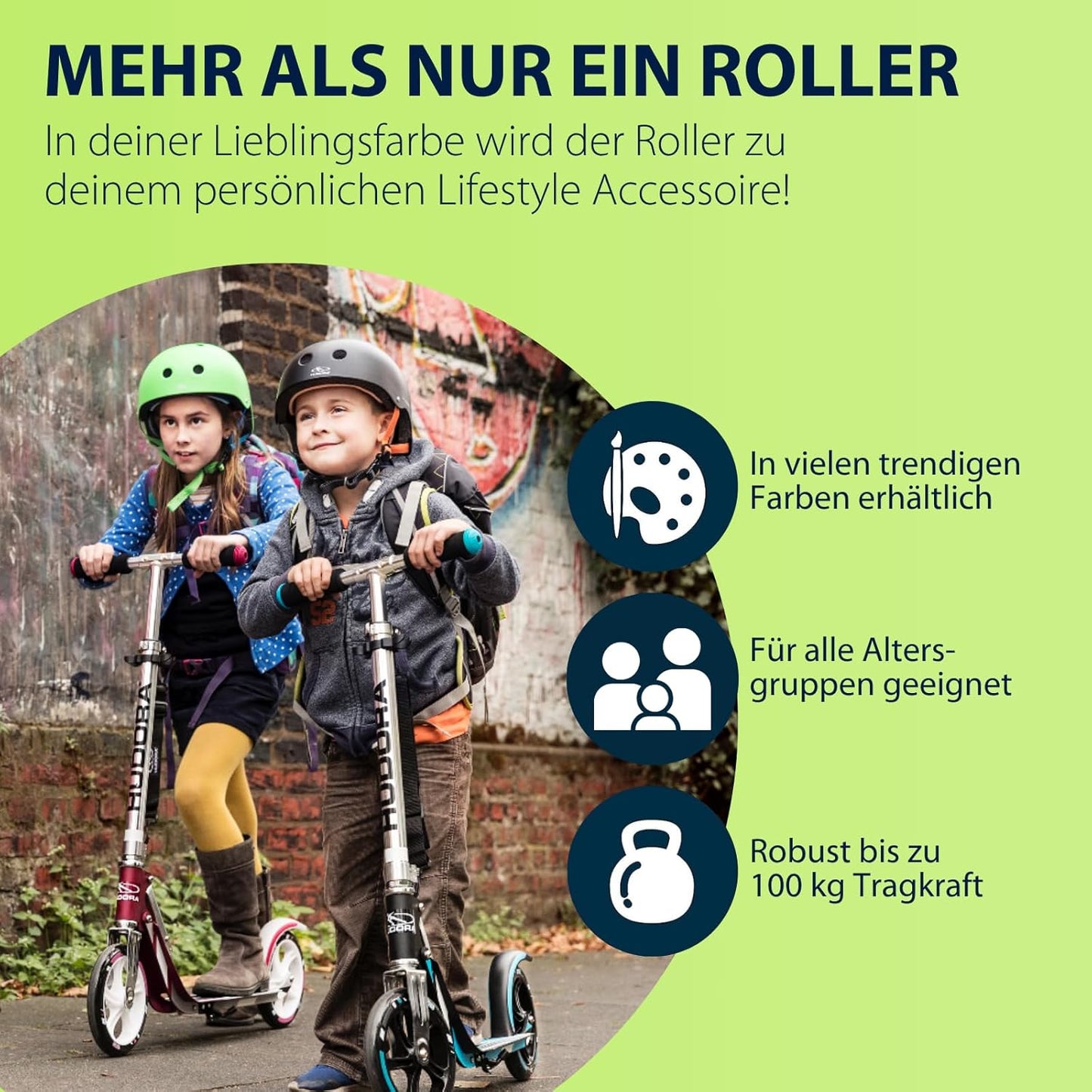 Cityroller mit großen Rädern – Höhenverstellbarer und klappbarer Aluminium Scooter mit Ständer, geeignet für Kinder und Erwachsene bis ca. 100 kg