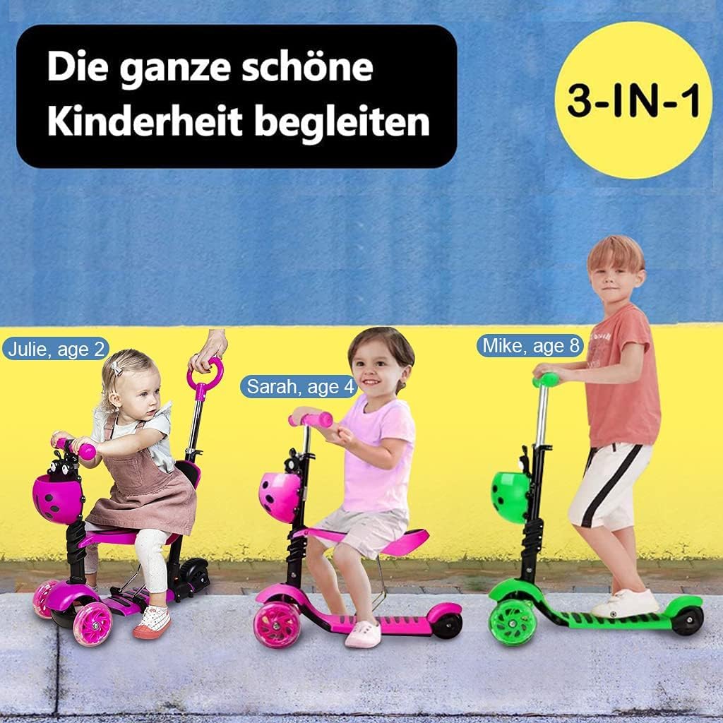 5-in-1 Kinderroller mit Sitz und Schiebestange – Mitwachsender Scooter mit Korb, Rückenlehne und höhenverstellbarem Lenker, geeignet ab ca. 2 Jahren