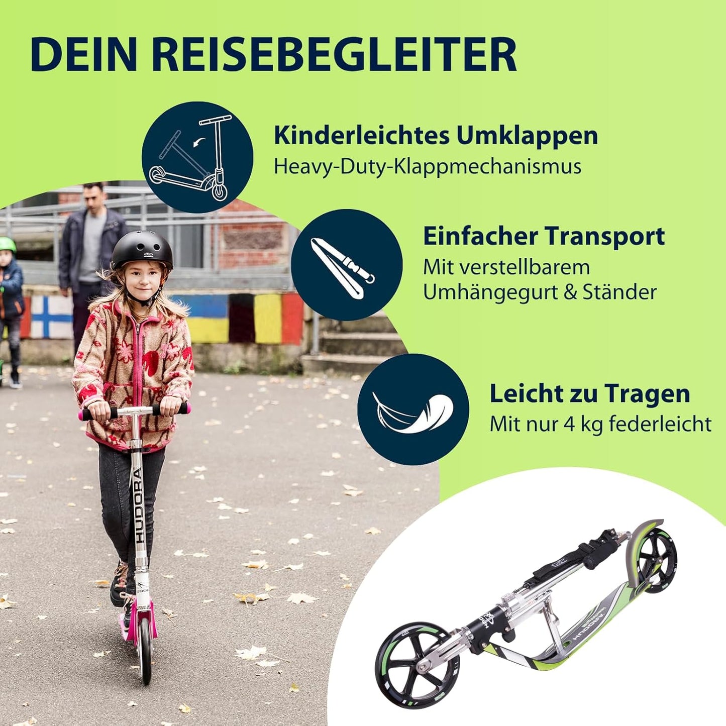 Cityroller mit großen Rädern – Höhenverstellbarer und klappbarer Aluminium Scooter mit Ständer, geeignet für Kinder und Erwachsene bis ca. 100 kg