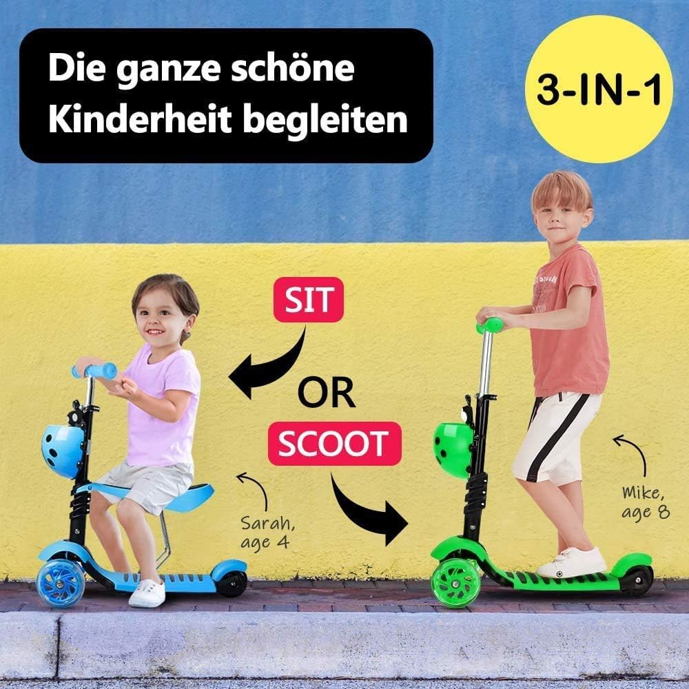 5-in-1 Kinderroller mit Sitz und Schiebestange – Mitwachsender Scooter mit Korb, Rückenlehne und höhenverstellbarem Lenker, geeignet ab ca. 2 Jahren (Blau)