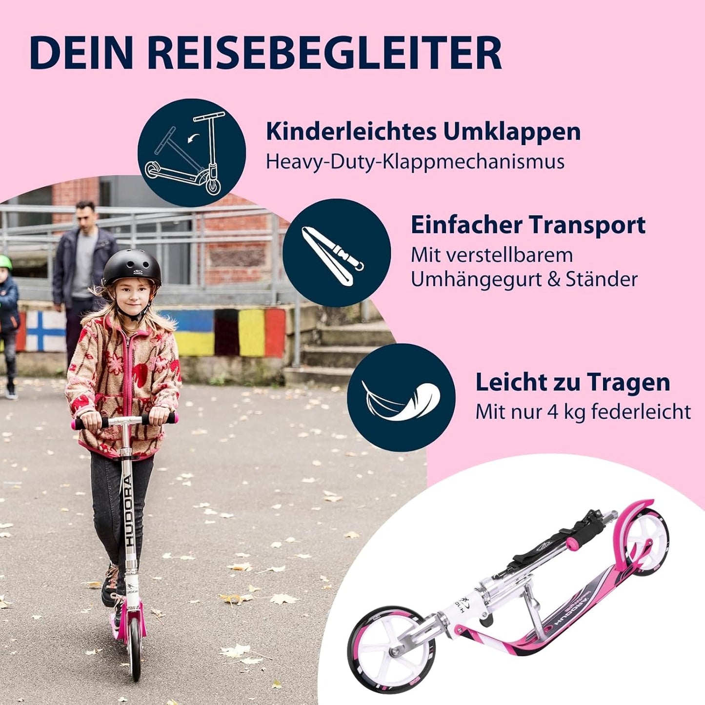 Cityroller mit großen Rädern – Klappbarer Aluminium Scooter mit höhenverstellbarem Lenker und Ständer, geeignet für Kinder und Erwachsene bis ca. 100 kg
