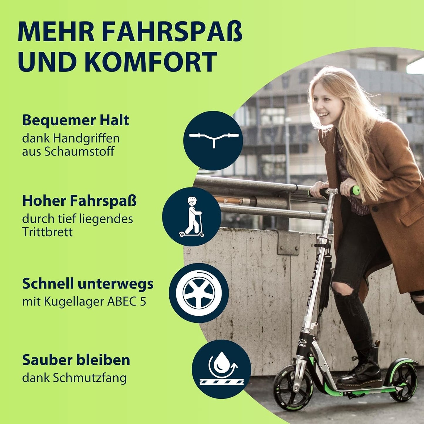 Cityroller mit großen Rädern – Höhenverstellbarer und klappbarer Aluminium Scooter mit Ständer, geeignet für Kinder und Erwachsene bis ca. 100 kg